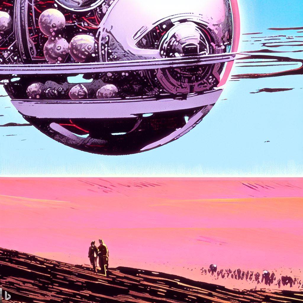 沙漠的邊緣，有一艘巨大的太空船漂浮在天空中